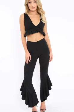 Rebellious Fashion Black Frill Flare Hem Trousers - Ashlie