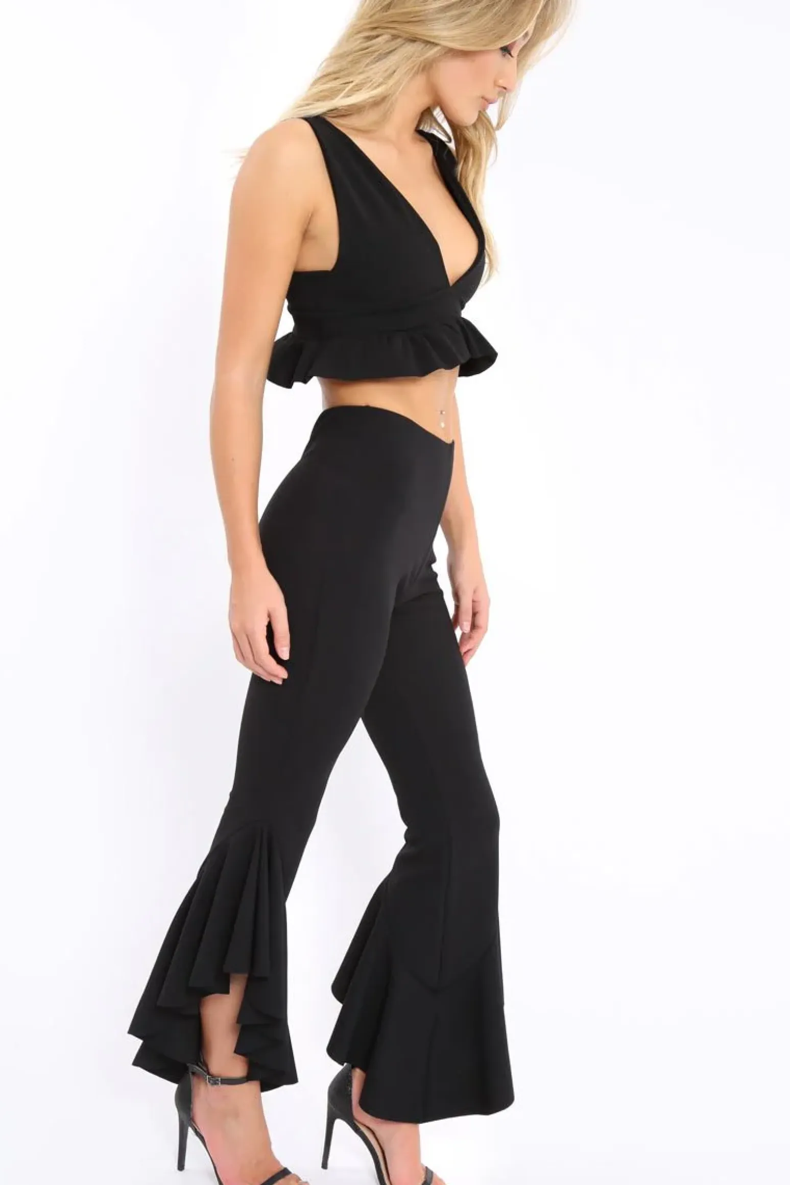 Rebellious Fashion Black Frill Flare Hem Trousers - Ashlie