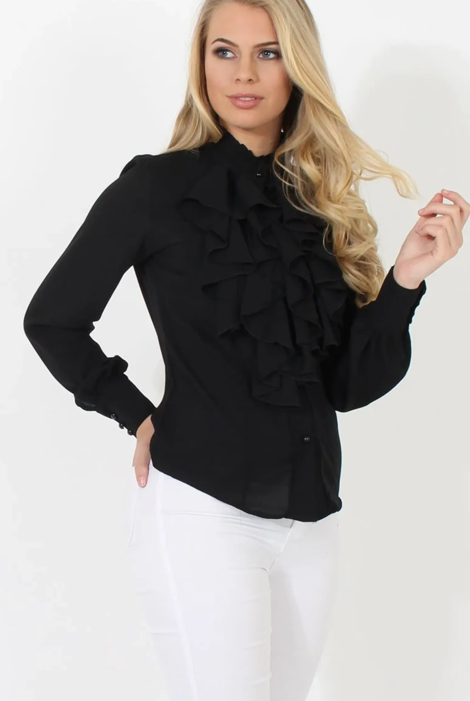 Rebellious Fashion Black Frill Front Blouse - Camille