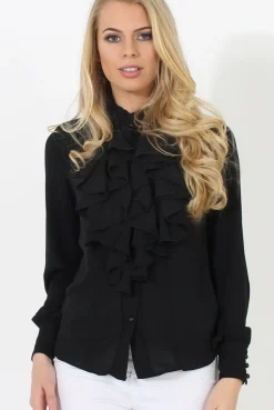 Rebellious Fashion Black Frill Front Blouse - Camille
