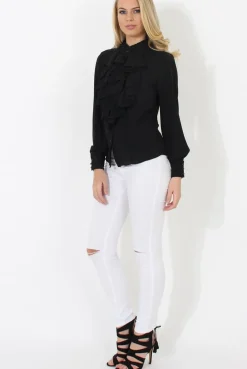 Rebellious Fashion Black Frill Front Blouse - Camille