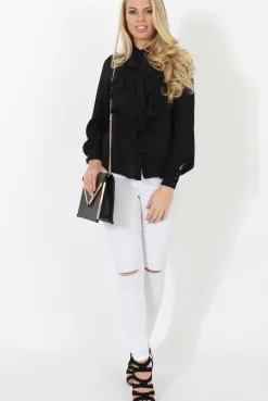 Rebellious Fashion Black Frill Front Blouse - Camille