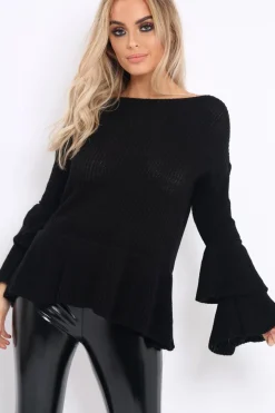 Rebellious Fashion Black Frill Hem and Sleeve Jumper - Imogen
