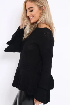 Rebellious Fashion Black Frill Hem and Sleeve Jumper - Imogen