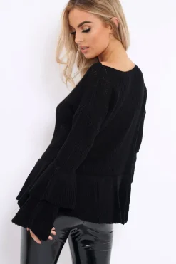 Rebellious Fashion Black Frill Hem and Sleeve Jumper - Imogen