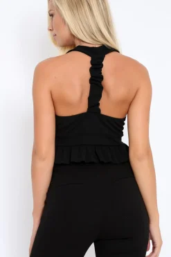 Rebellious Fashion Black Frill Hem Racer Back Crop Top - Lucie