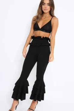 Rebellious Fashion Black Frill Hem Triple Tiered Frill Hem Trousers - Karla