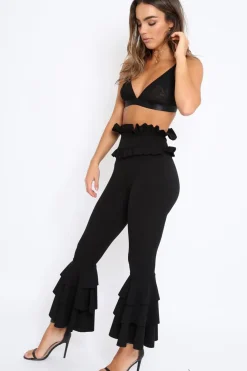 Rebellious Fashion Black Frill Hem Triple Tiered Frill Hem Trousers - Karla