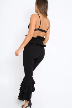 Rebellious Fashion Black Frill Hem Triple Tiered Frill Hem Trousers - Karla