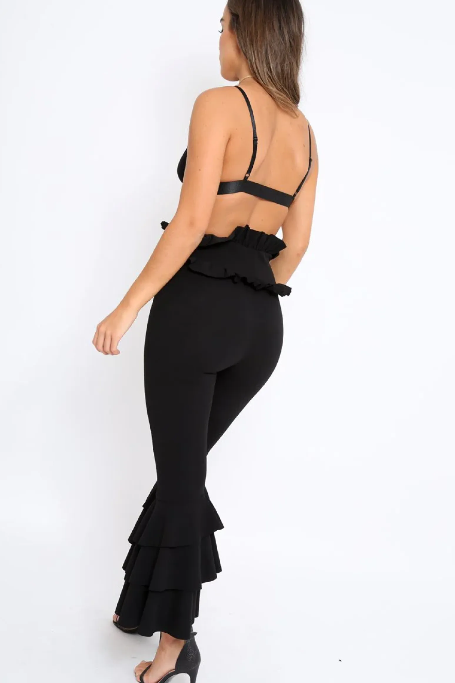 Rebellious Fashion Black Frill Hem Triple Tiered Frill Hem Trousers - Karla