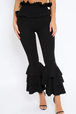 Rebellious Fashion Black Frill Hem Triple Tiered Frill Hem Trousers - Karla
