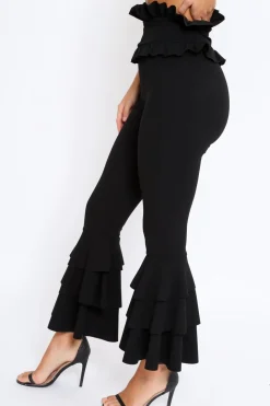 Rebellious Fashion Black Frill Hem Triple Tiered Frill Hem Trousers - Karla