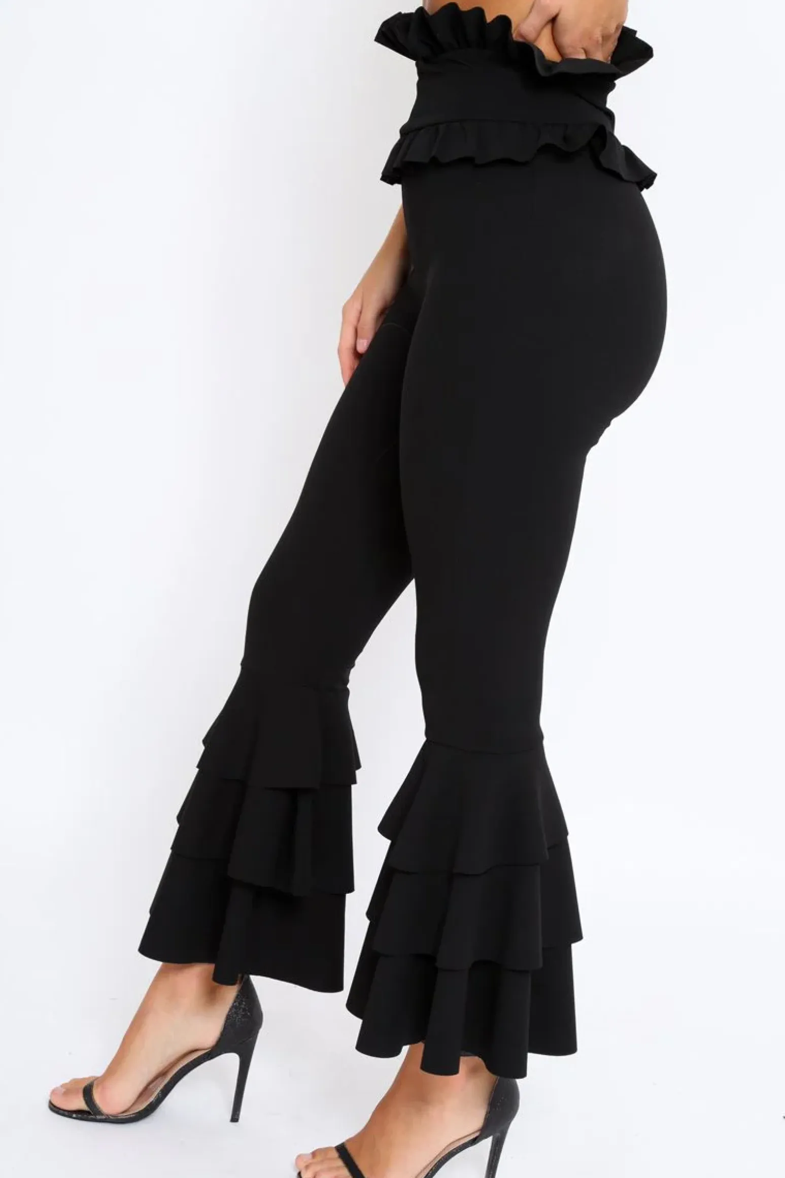 Rebellious Fashion Black Frill Hem Triple Tiered Frill Hem Trousers - Karla