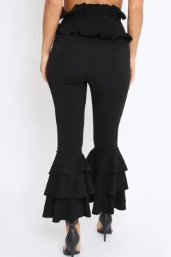 Rebellious Fashion Black Frill Hem Triple Tiered Frill Hem Trousers - Karla