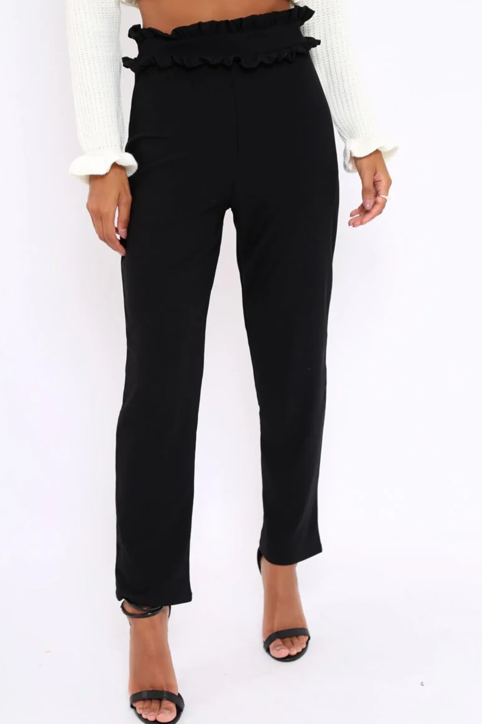 Rebellious Fashion Black Frill Hem Wide Legged Trousers - Megan