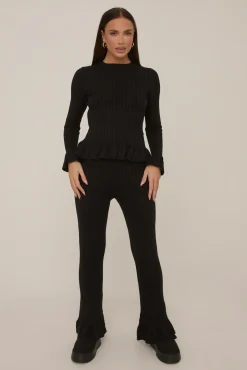 Rebellious Fashion Black Frill Knit Top and Trouser Set - Tatiana