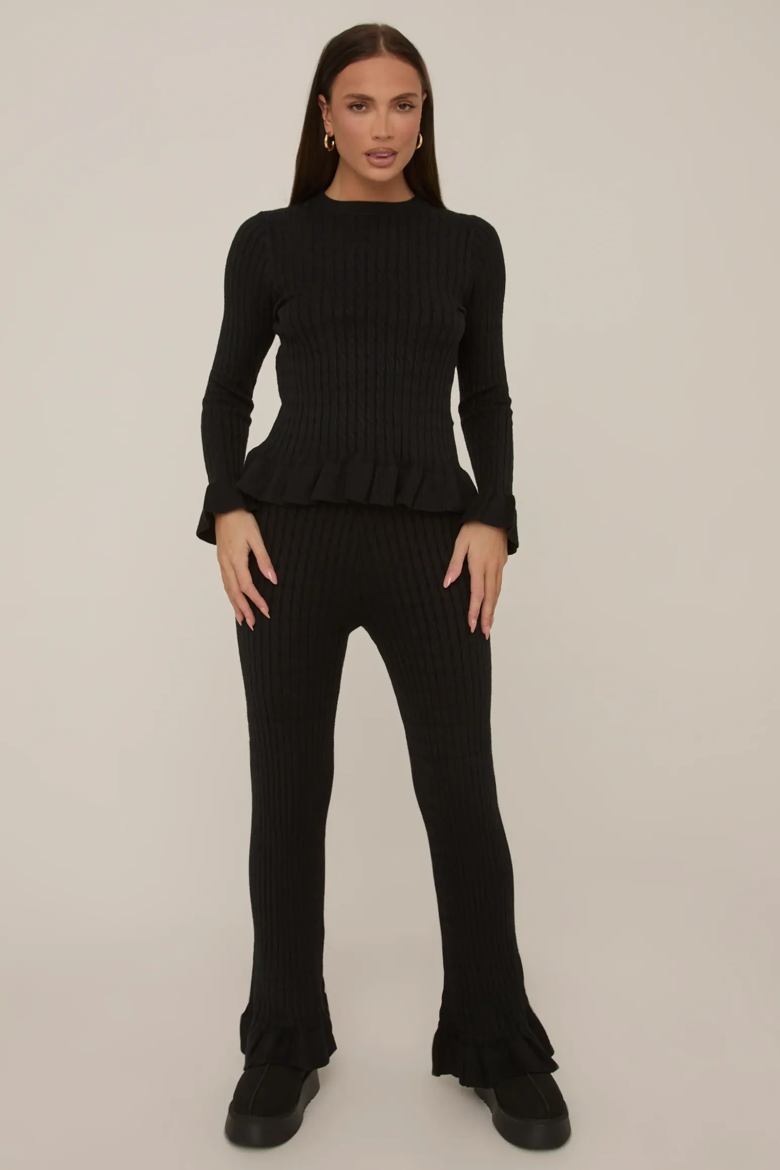 Rebellious Fashion Black Frill Knit Top and Trouser Set - Tatiana