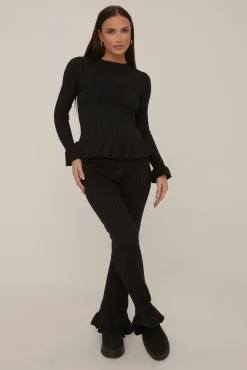 Rebellious Fashion Black Frill Knit Top and Trouser Set - Tatiana