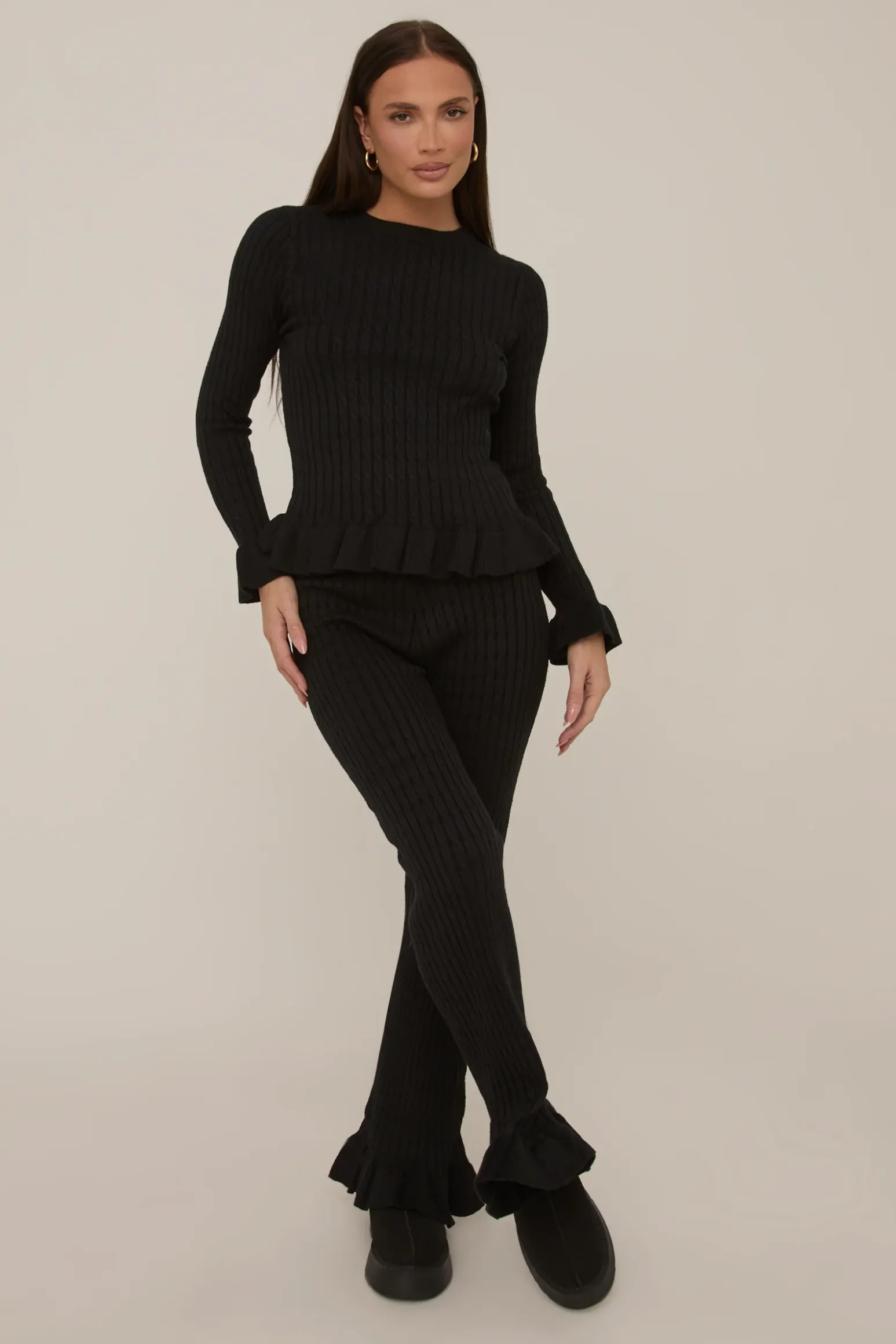 Rebellious Fashion Black Frill Knit Top and Trouser Set - Tatiana