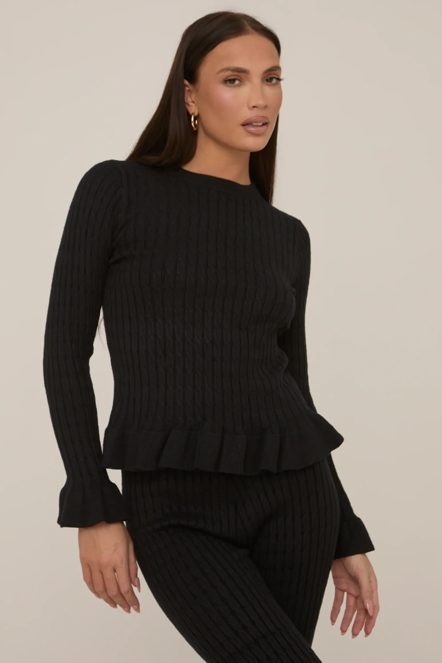 Rebellious Fashion Black Frill Knit Top and Trouser Set - Tatiana