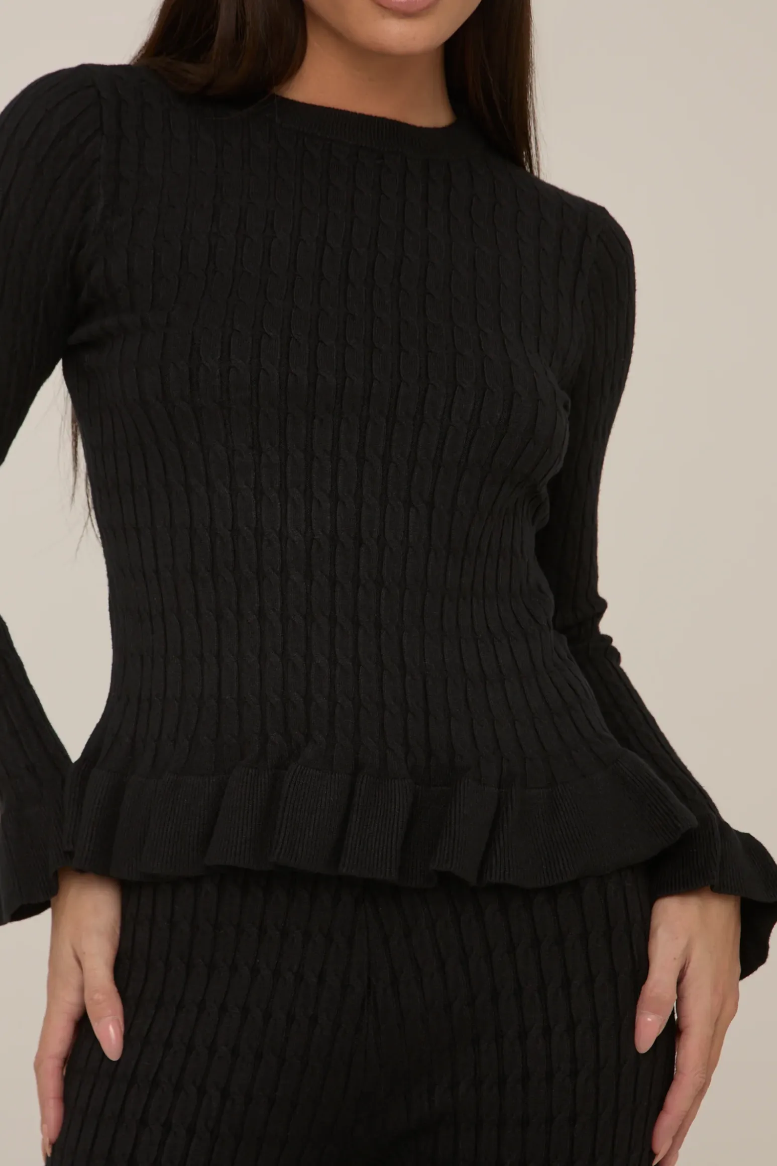 Rebellious Fashion Black Frill Knit Top and Trouser Set - Tatiana