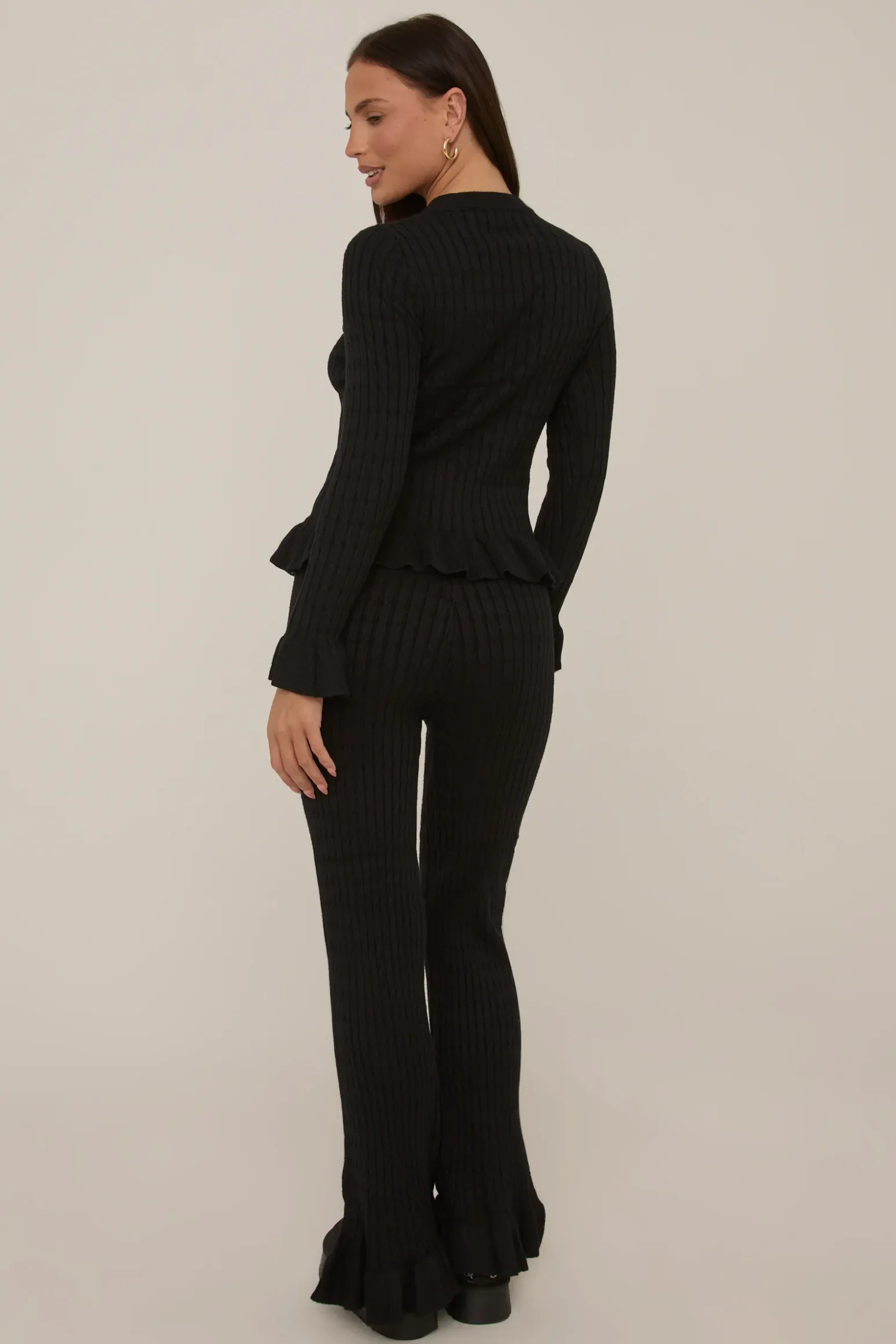 Rebellious Fashion Black Frill Knit Top and Trouser Set - Tatiana