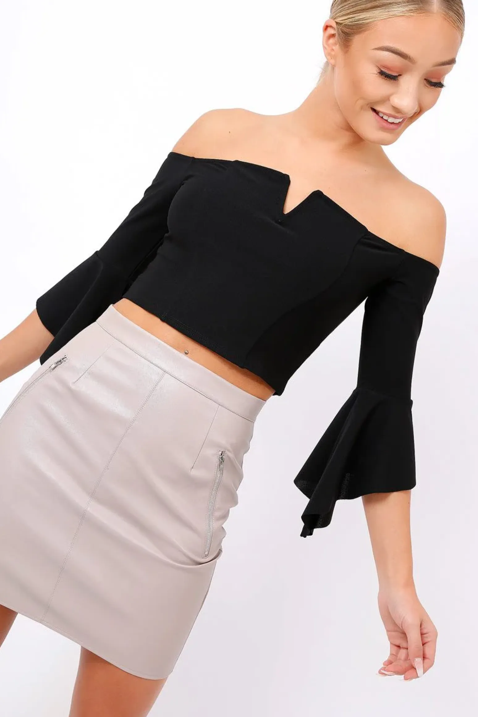 Rebellious Fashion Black Frill Sleeve Bardot Crop Top - Kali