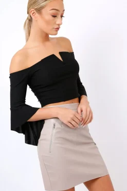 Rebellious Fashion Black Frill Sleeve Bardot Crop Top - Kali