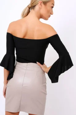 Rebellious Fashion Black Frill Sleeve Bardot Crop Top - Kali
