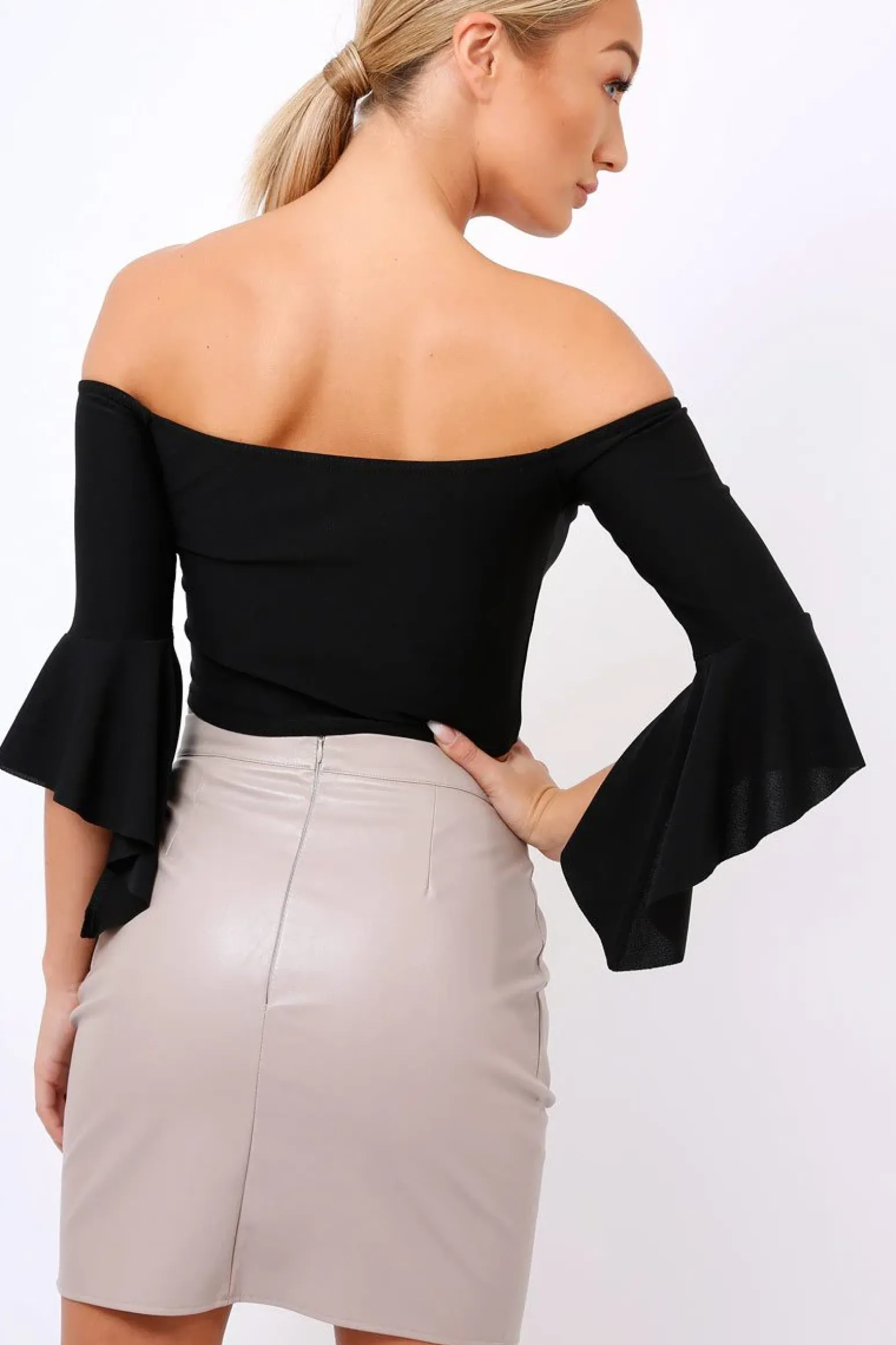 Rebellious Fashion Black Frill Sleeve Bardot Crop Top - Kali