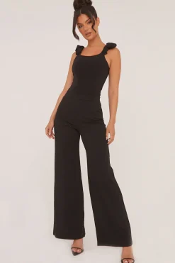 Rebellious Fashion Black Frill Straps Square Neck Bodysuit - Olivia
