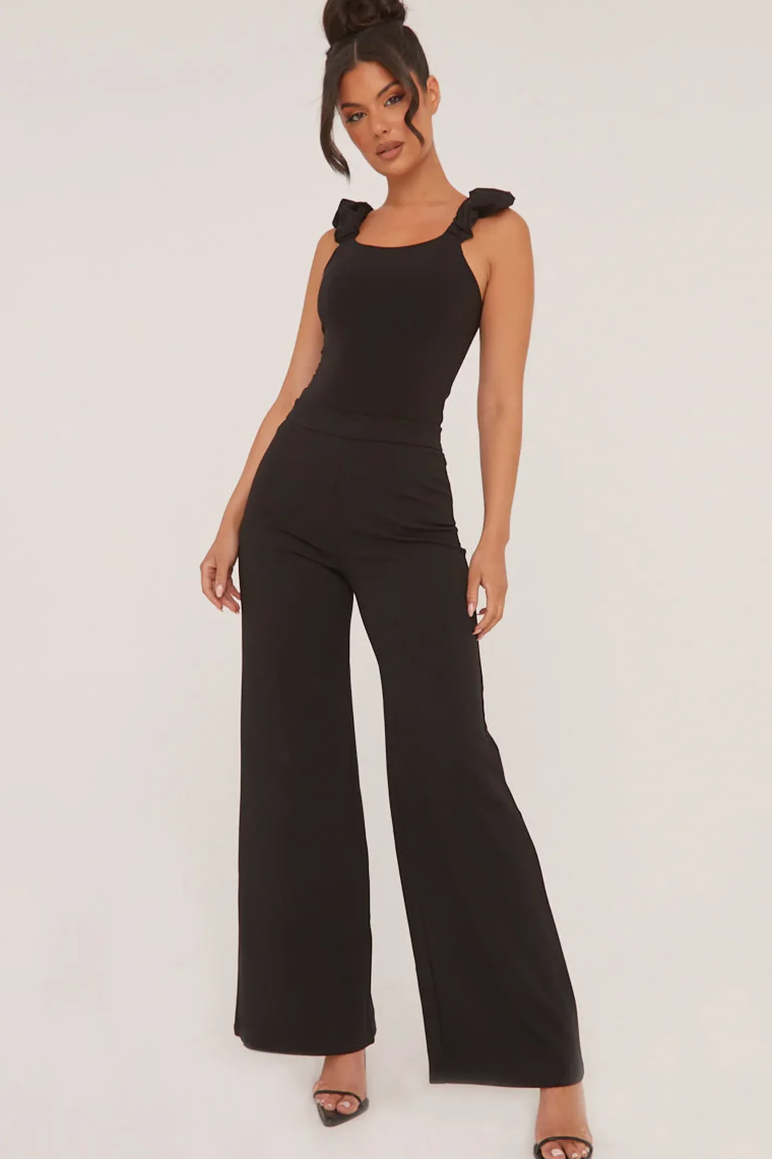 Rebellious Fashion Black Frill Straps Square Neck Bodysuit - Olivia