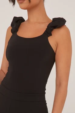 Rebellious Fashion Black Frill Straps Square Neck Bodysuit - Olivia