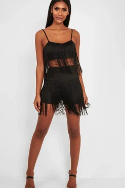 Rebellious Fashion Black Fringe Crop Top Shorts Co-Ord - Lylith