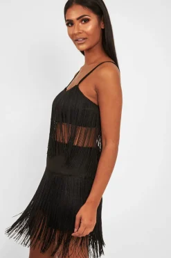 Rebellious Fashion Black Fringe Crop Top Shorts Co-Ord - Lylith