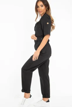 Rebellious Fashion Black Front Button Belted Boiler Jumpsuit - Nyrah