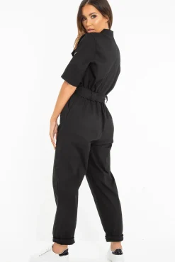 Rebellious Fashion Black Front Button Belted Boiler Jumpsuit - Nyrah