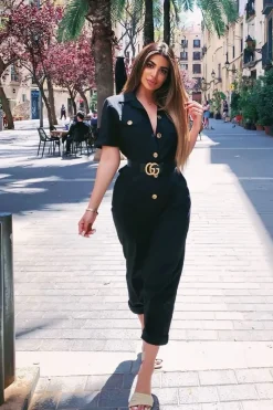 Rebellious Fashion Black Front Button Belted Boiler Jumpsuit - Nyrah