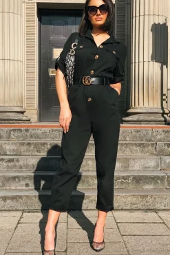 Rebellious Fashion Black Front Button Belted Boiler Jumpsuit - Nyrah