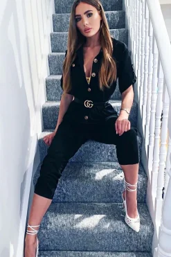 Rebellious Fashion Black Front Button Belted Boiler Jumpsuit - Nyrah
