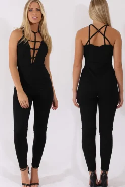 Rebellious Fashion Black Front Harness Fitted Jumpsuit - Bette