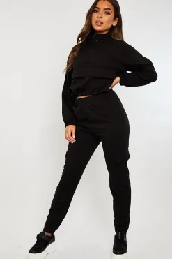 Rebellious Fashion Black Front Pocket Cargo Jumper and Joggers Loungewear Set - Naziya
