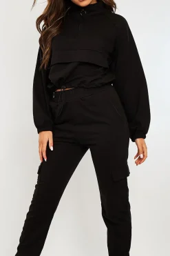 Rebellious Fashion Black Front Pocket Cargo Jumper and Joggers Loungewear Set - Naziya