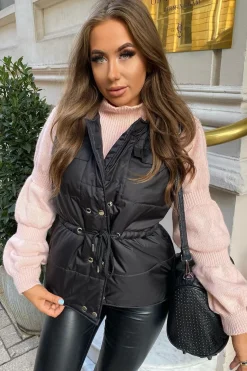 Rebellious Fashion Black Front Pocket Padded Gilet - Carleigh