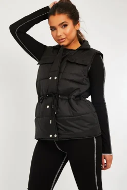 Rebellious Fashion Black Front Pocket Padded Gilet - Carleigh