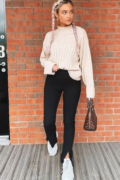 Rebellious Fashion Black Front Split Leggings - Polly