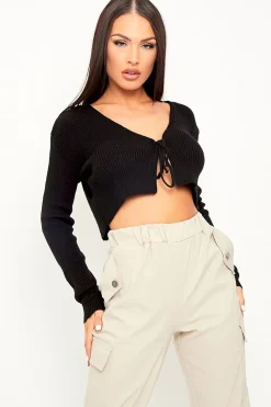 Rebellious Fashion Black Front Tie Knit Cardigan Top - Paloma