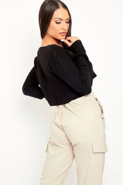 Rebellious Fashion Black Front Tie Knit Cardigan Top - Paloma