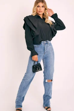 Rebellious Fashion Black Full Length Ruffle Sleeve Shirt - Keisha