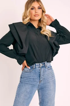 Rebellious Fashion Black Full Length Ruffle Sleeve Shirt - Keisha